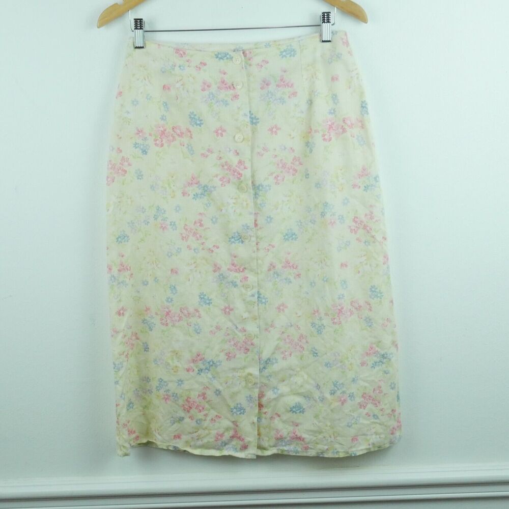 Vintage Size 10 Skirt 100% Linen Pastel Dainty Floral Button Cottagecore 90s